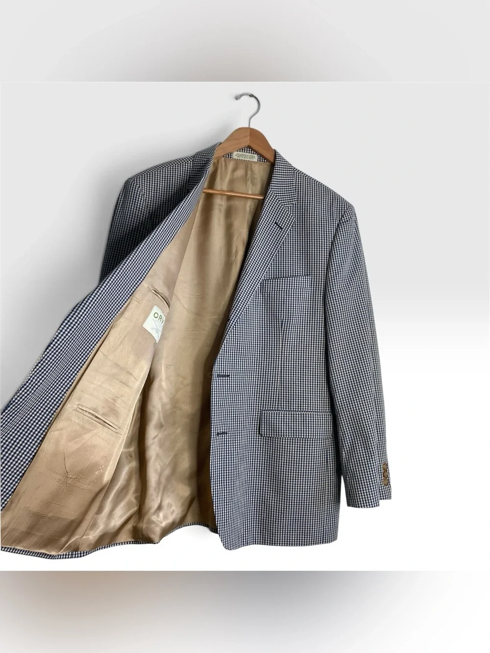 Orvis Navy Beige Gingham Check 3 Button Sport Coat Blazer Cotton Preppy Size 46R